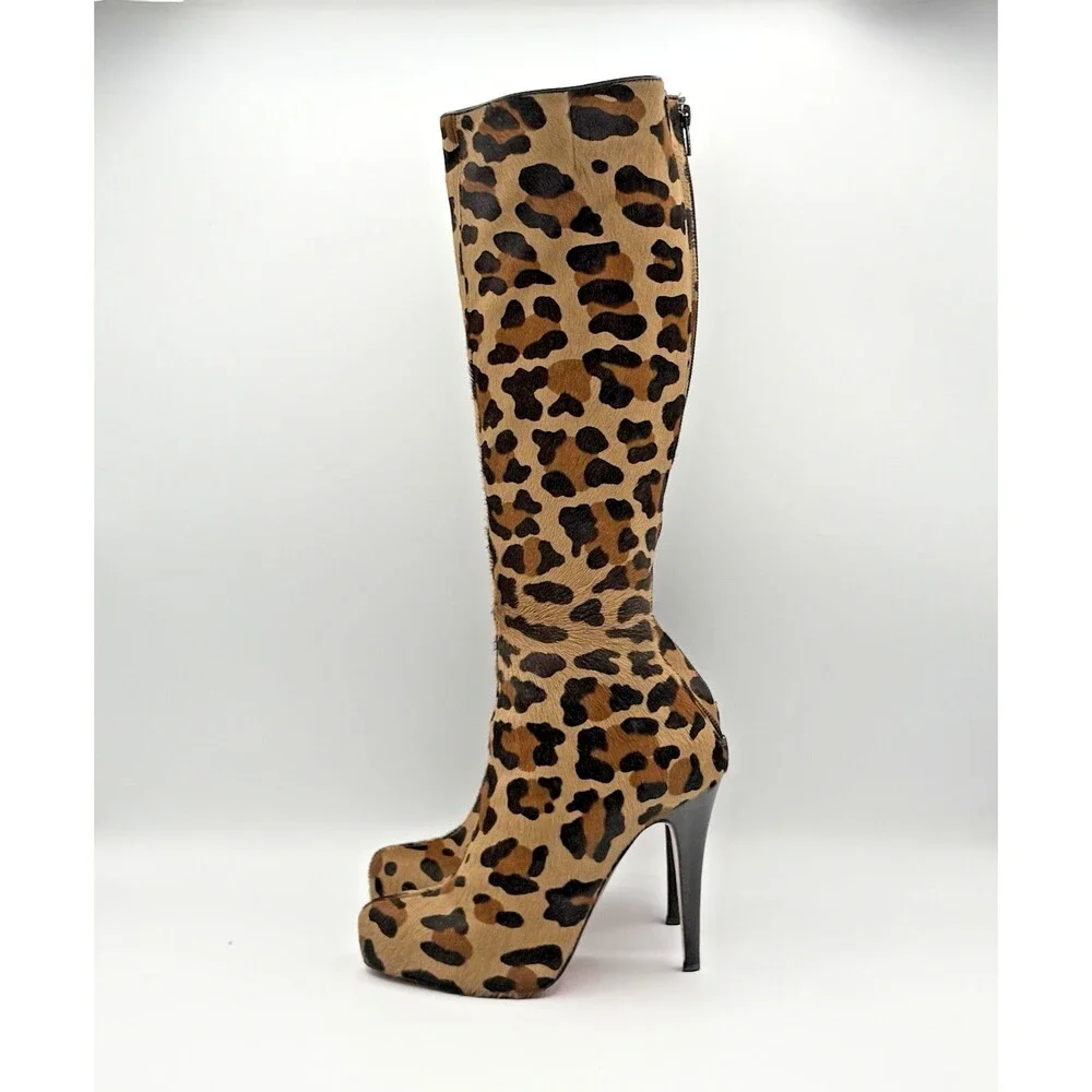Christian Louboutin Cheetah Print Pony Hair Knee High Platform Boots Size EU 35